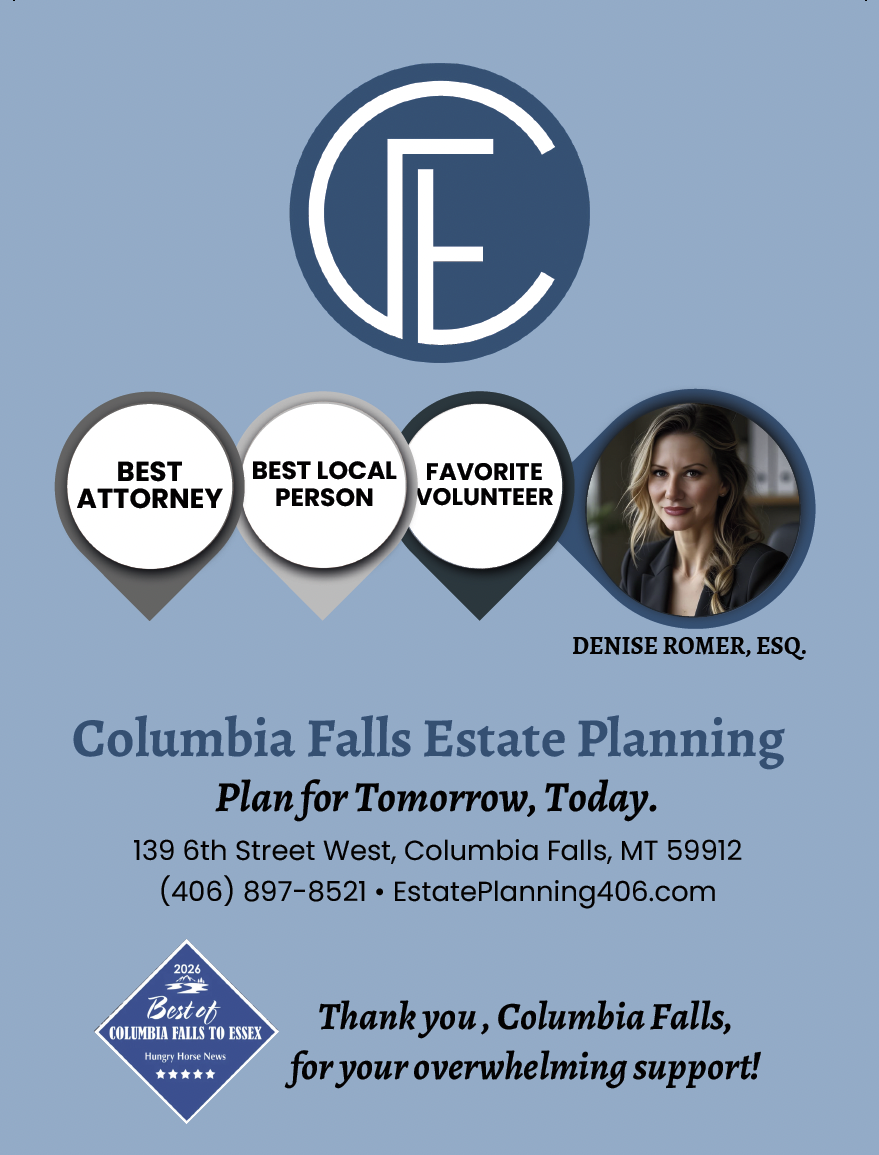 Promotional flyer for Columbia Falls Estate Planning featuring Denise Romer, awards for Best Attorney, Best Local Person, and Favorite Volunteer, contact info, and a thank you message.