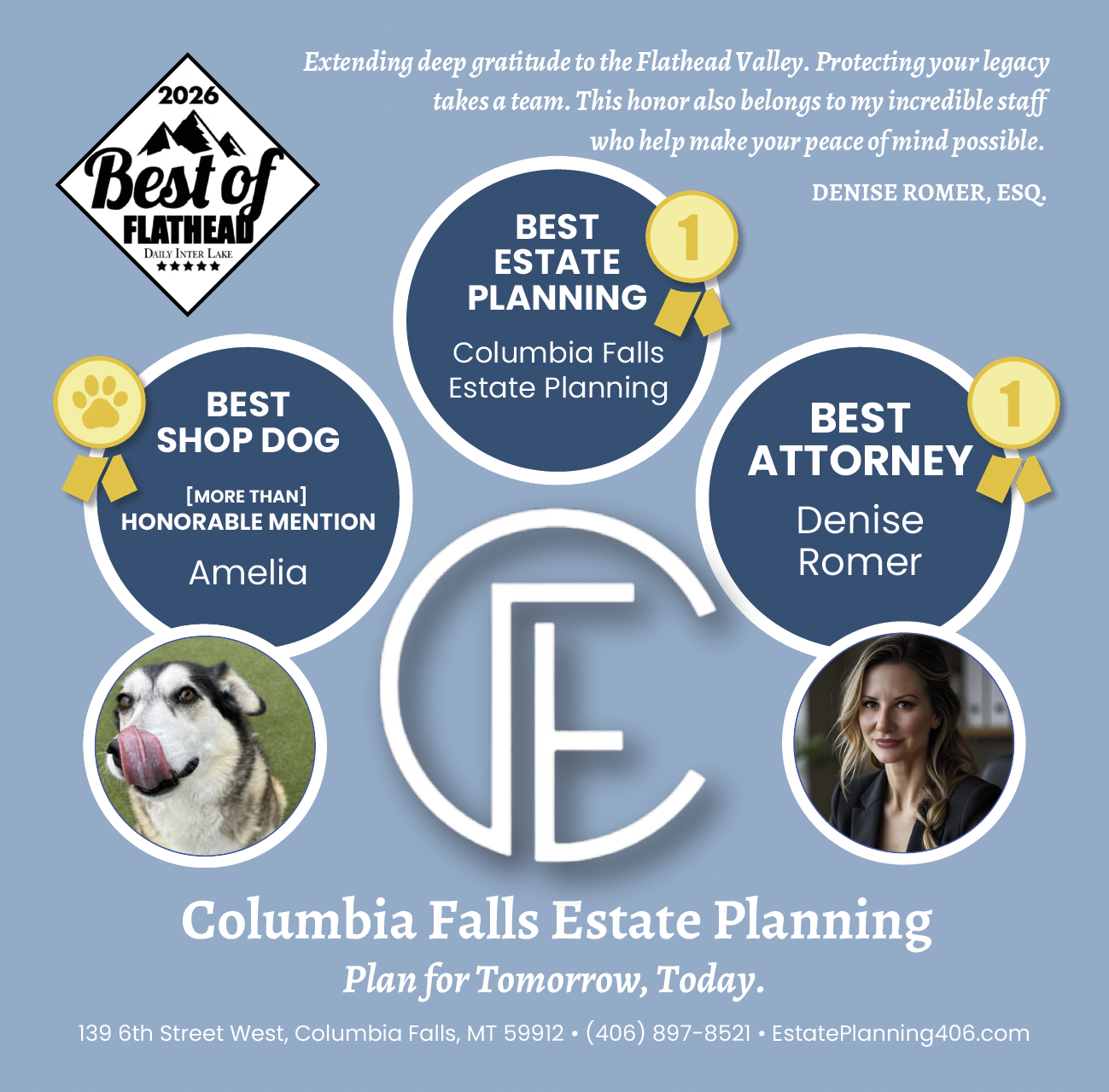 Columbia Falls Estate Planning awards promotional image featuring Denise Romer, a dog named Amelia, and text about estate planning accolades. Circular award icons and contact details are included.